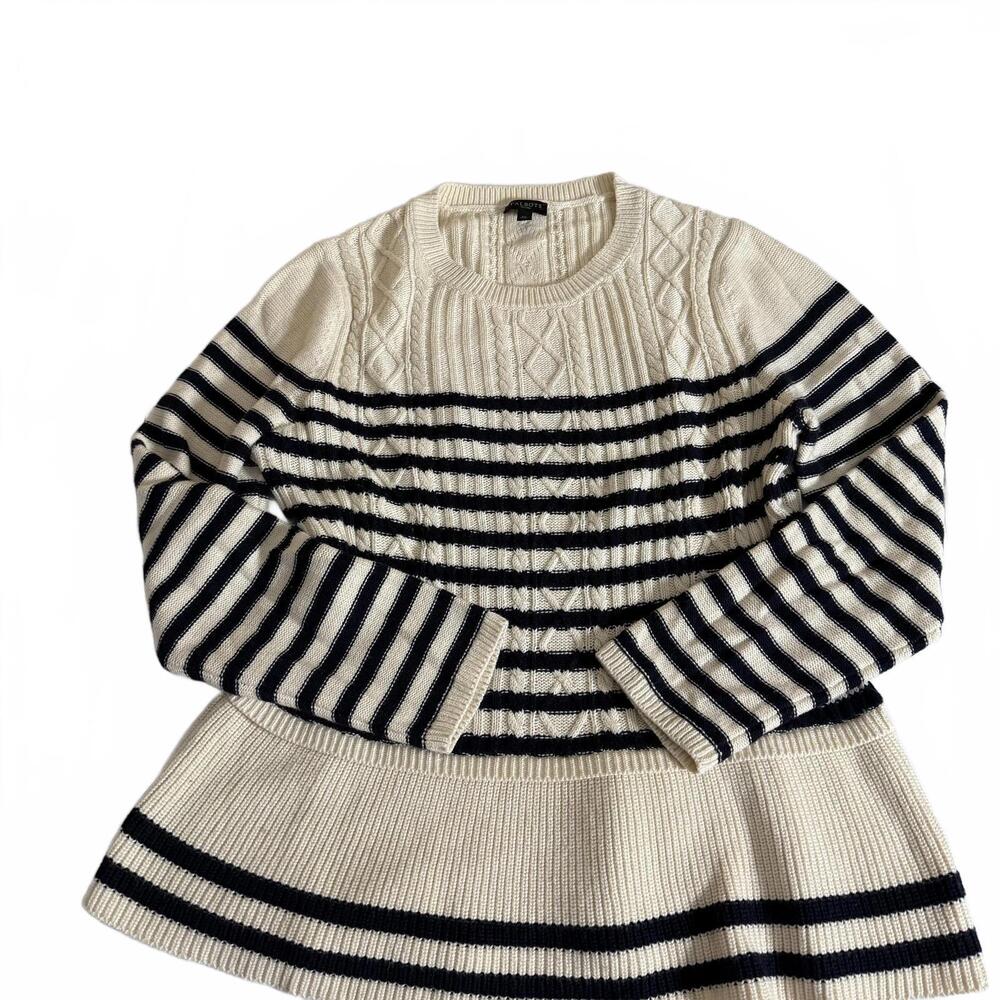 TALBOTS Nautical Peplum Cotton Blue/Cream striped L/S Sweater SZ LP‎ Preppy